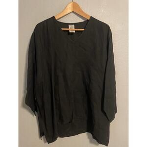 Match Point Tunic Top Womens Medium Black Linen 3/4 Sleeve V Neck Boho Lagenlook